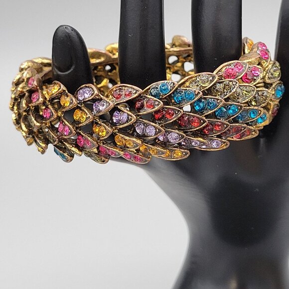Rhinestone Feather Hinged Bangle Bracelet Clamper Multicolored Gold Tone Metal - Picture 1 of 7